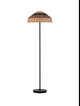 Caro Stehlampe Schwarz, Braun mit skulpturalem Design und natürlichem Lampenschirm.