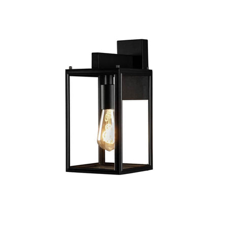 Carpi wall light lantern in black, flexible wall mounting with clear glass and a sturdy steel frame.