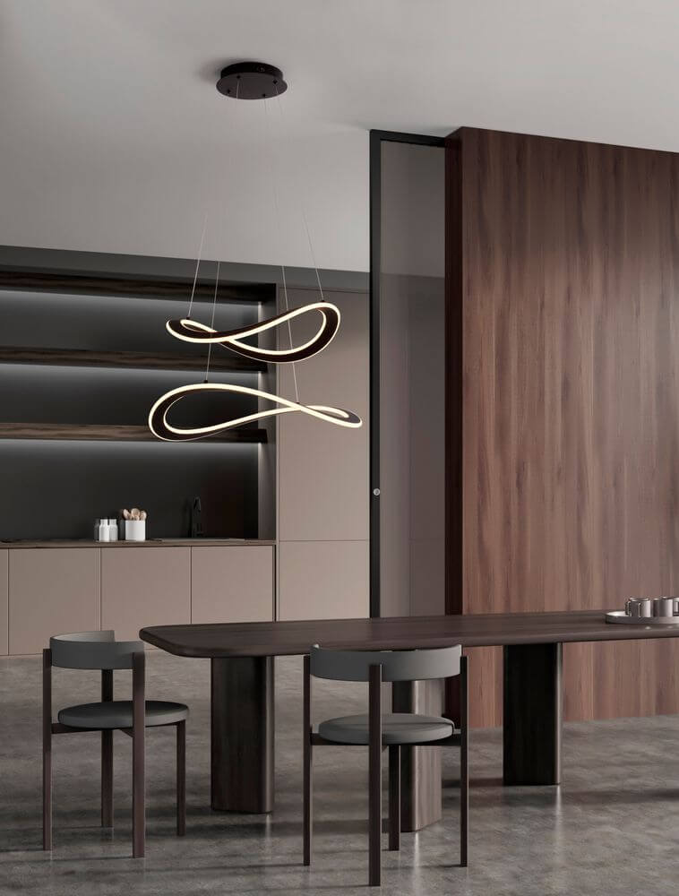 Moderne Einrichtung mit Celestia LED Pendelleuchte 2-flammig Ø 60cm 3000K über einem Holz Esstisch.