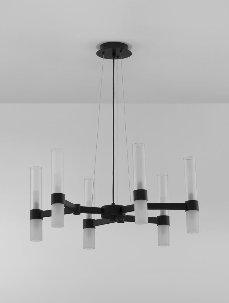 Moderne 12-flammige Pendelleuchte Century in Schwarz mit transparenten Glaskörpern, Ø 70cm.