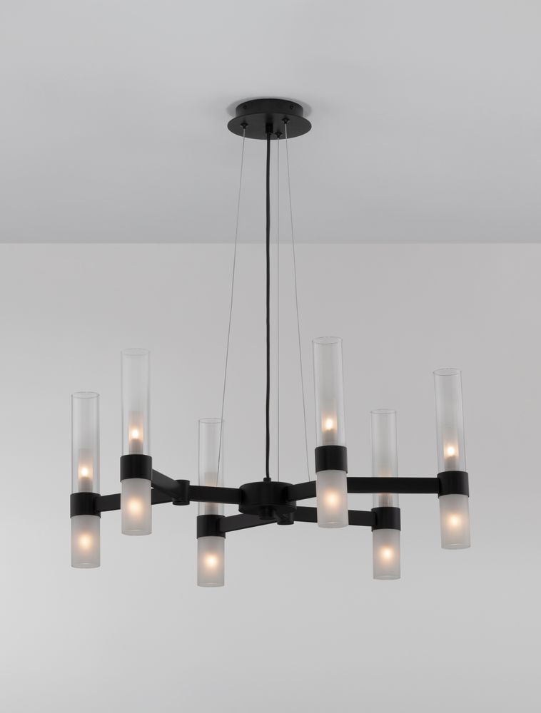 Moderne Pendelleuchte Century 12-flammig in Schwarz mit transparenten Lampenschirmen, stilvolles Design für jeden Raum.