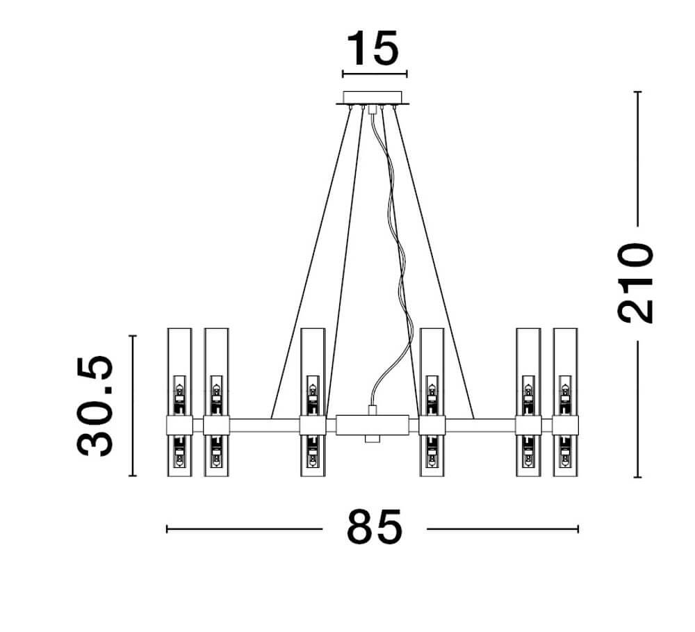 Technische Zeichnung der Century Pendelleuchte 20-flammig Ø 85cm Schwarz, Transparent.