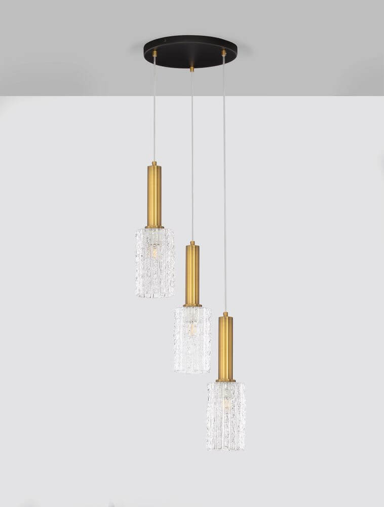 Certa Pendelleuchte 3-flammig Ø 30cm Schwarz, Gold mit transparenten Glaszylindern und goldenen Elementen.