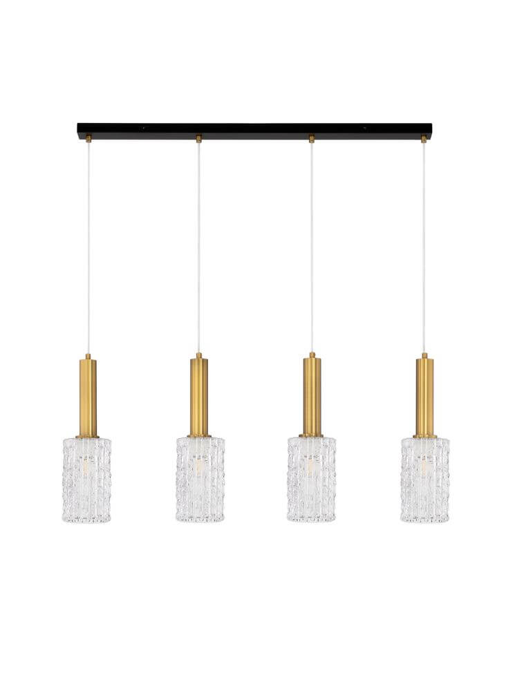 Certa Pendelleuchte 4-flammig Schwarz, Gold mit transparenten Glaszylindern und filigranen Aluminiumrohren.