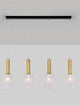 Certa Pendelleuchte 4-flammig Schwarz, Gold mit transparenten Glaszylindern und goldenen Aluminiumrohren.