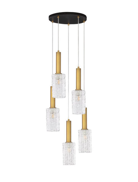 Certa pendel 5-pære Ø 35cm sort, guld med fem klare glasskærme og gulddetaljer
