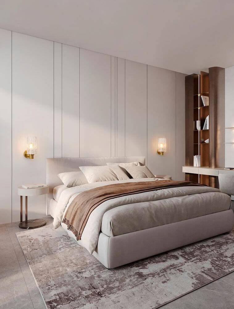 Certa Wandleuchte Gold im modernen Schlafzimmer mit elegantem Design und harmonischer Farbgestaltung.