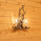 Chalet Holz Geweih-Wandleuchte 2-flammig aus Metall mit handbemalten Harz-Dekoren und realistischer Hornnachbildung.