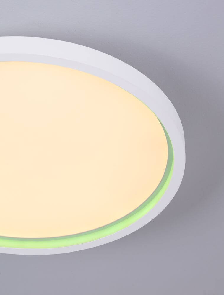 Chet LED Deckenleuchte 2-flammig 2700 5000K Weiß mit milchigem Licht und grünem Akzent.