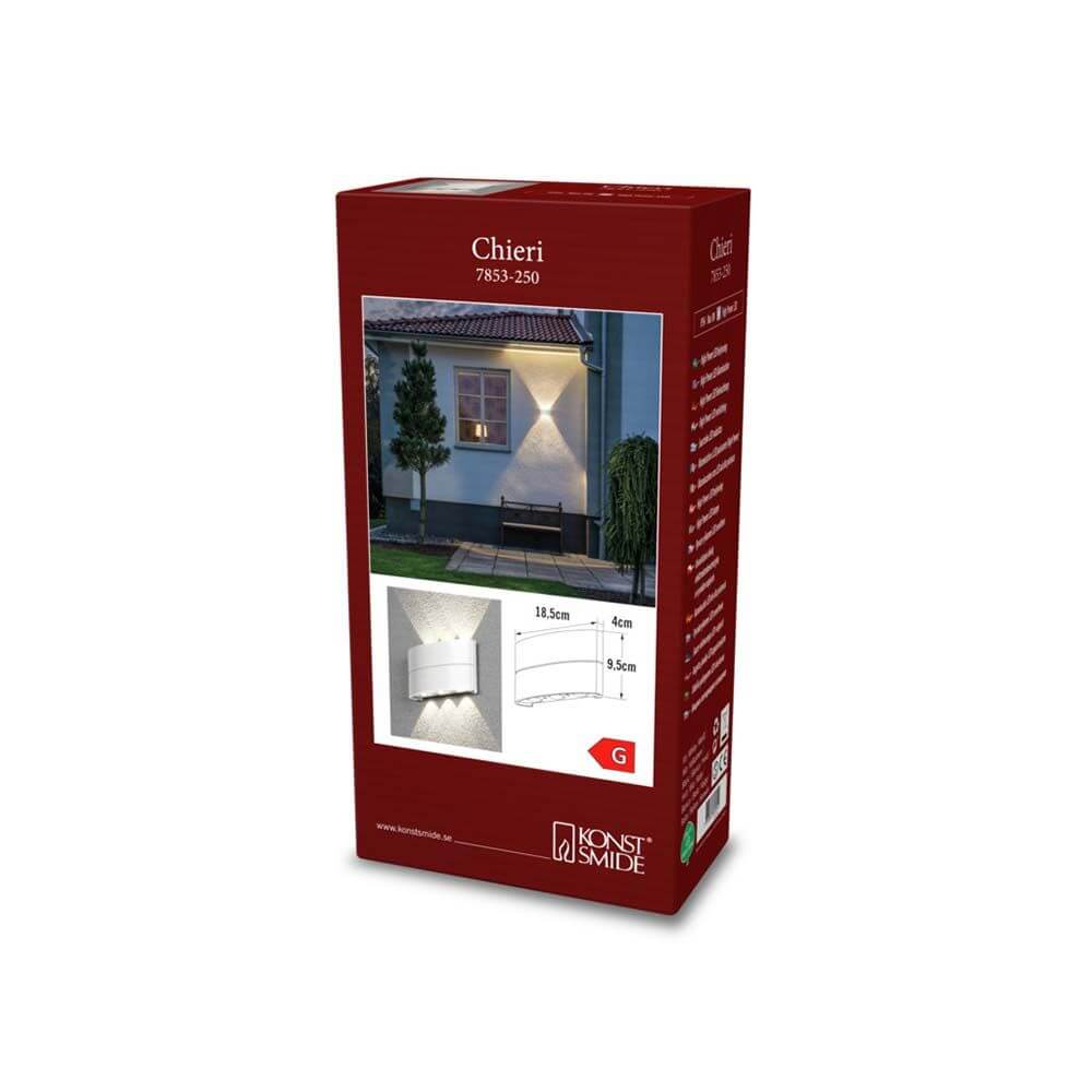 Chieri LED Außenwandleuchte Verpackung mit Produktdetails und Anwendung im Außenbereich.