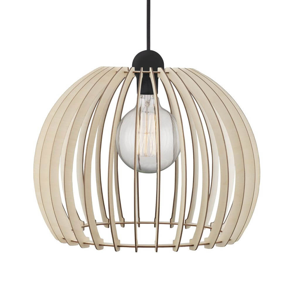 Chino 40 Pendelleuchte mit Stoffkabel Holz in grafischem Design und Holzlamellen.