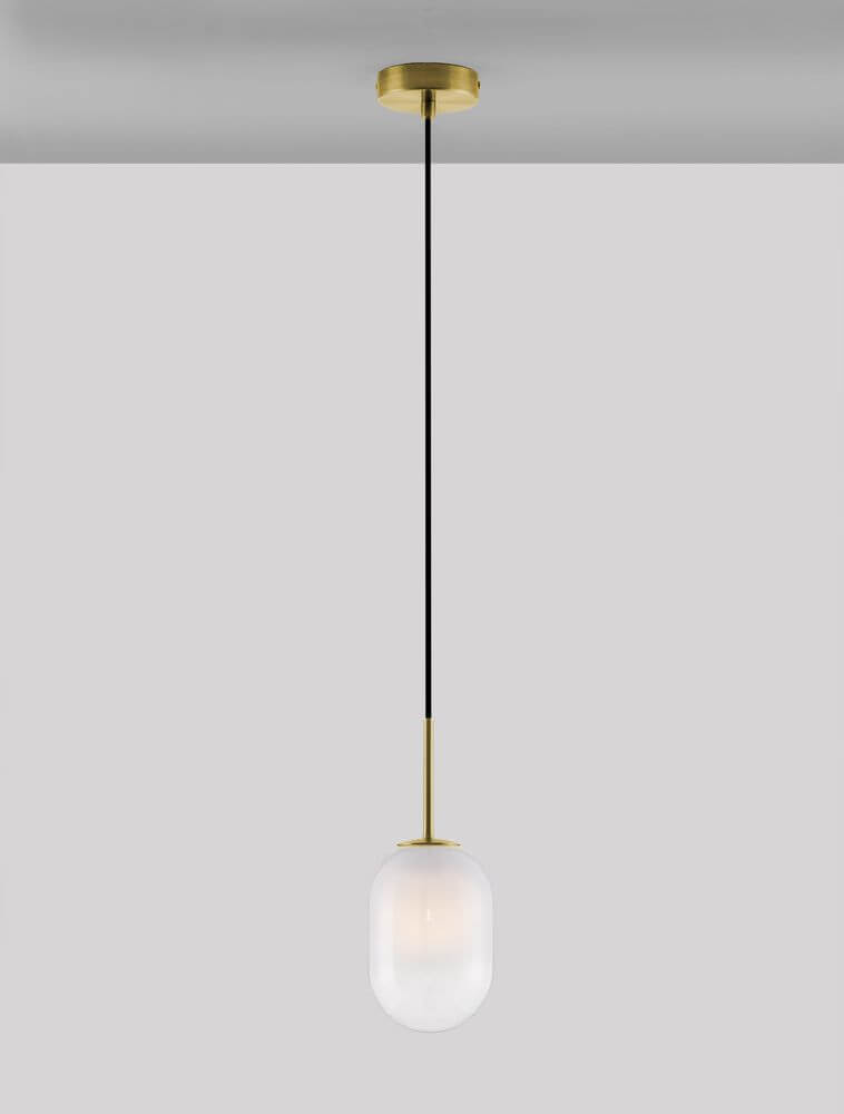 Chrysi Pendelleuchte Gold, Weiß mit elegantem, mundgeblasenem Glas und schwarzem Kabel.