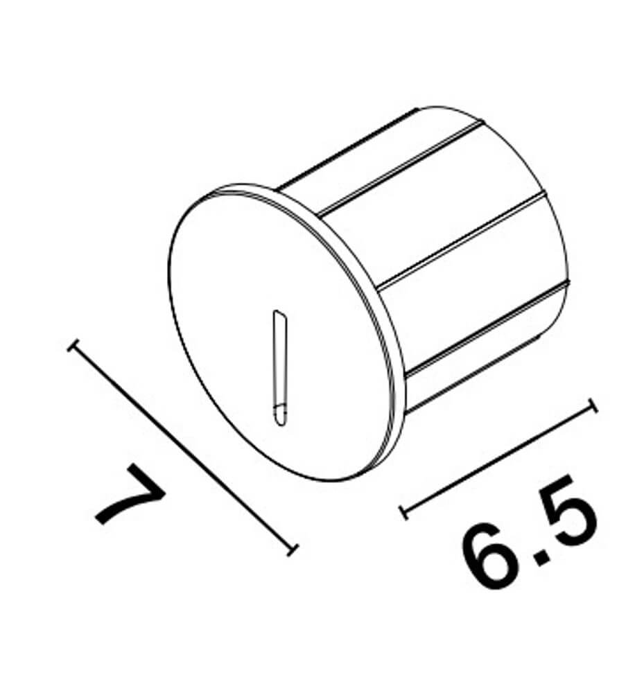 Zeichnung eines runden LED-Außenwandleuchten-Einbaubehälters mit Abmessungen von 7 cm und 6,5 cm.