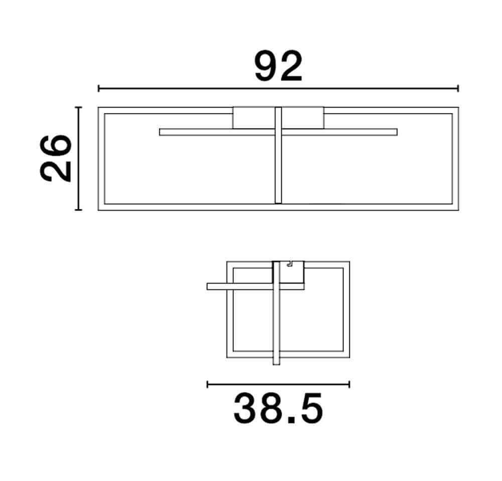 Clea LED Deckenleuchte 92cm 3-flammig 3000K Maßzeichnung mit 92 cm Länge und 26 cm Breite.