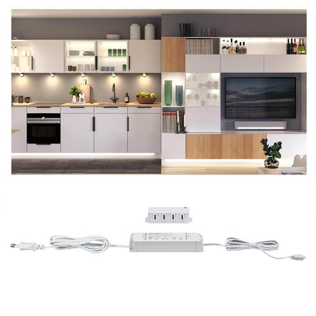 Clever Transformer 230V-12V 25W White in a modern kitchen and living area with integrated lighting.