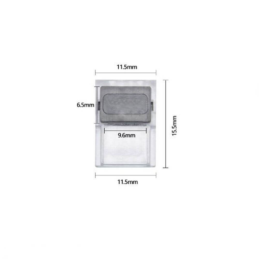 Clip-Flexverbinder für 2-pol. LED-Strip 10mm, Maßzeichnung und Abmessungen der Verbindung.