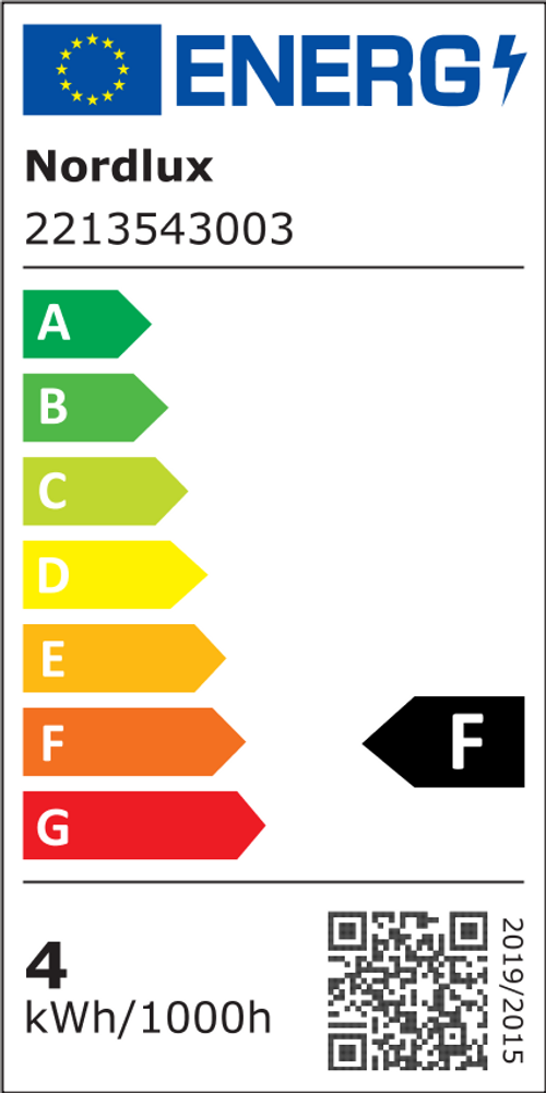Energieeffizienzlabel für die Nordlux Clyde Pendelleuchte, Energieklasse F, Verbrauch 4 kWh/1000h.
