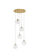 Coen Pendelleuchte 5-flammig Ø 35cm Gold, Transparent mit fünf gläsernen Kugeln und goldenem Baldachin.