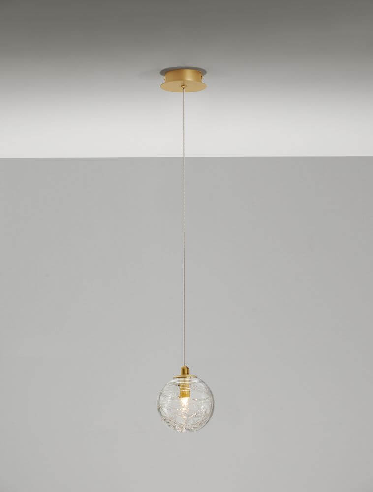 Coen Pendelleuchte Gold, Transparent – elegante Hängelampe 25 cm Glaskugel, matt goldene Aluminium-Aufhängung, 200 cm Kabellänge