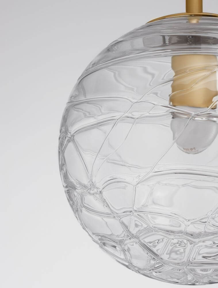 Coen Pendelleuchte Gold, Transparent - Glas-Kugelpendellampe matt Gold mit strukturiertem Transparentglas, Ø25cm, Höhe 200cm, G9-Fassung (ohne Leuchtmittel)