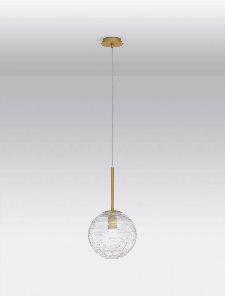 Coen Pendelleuchte Gold, Transparent – elegante Hängeleuchte mit mattgoldenem Aluminium und klarem Glasball Ø25cm, höhenverstellbar bis 200cm