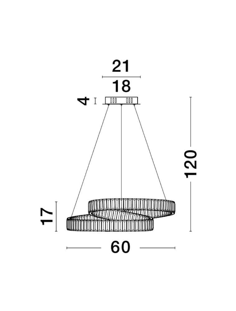 Alt Tag: Conceto LED Pendelleuchte Ø 60cm 3500K technische Zeichnung mit Abmessungen 60x120x17cm, Doppelt ringförmiges Design, Befestigungsplatte 21x18x4cm