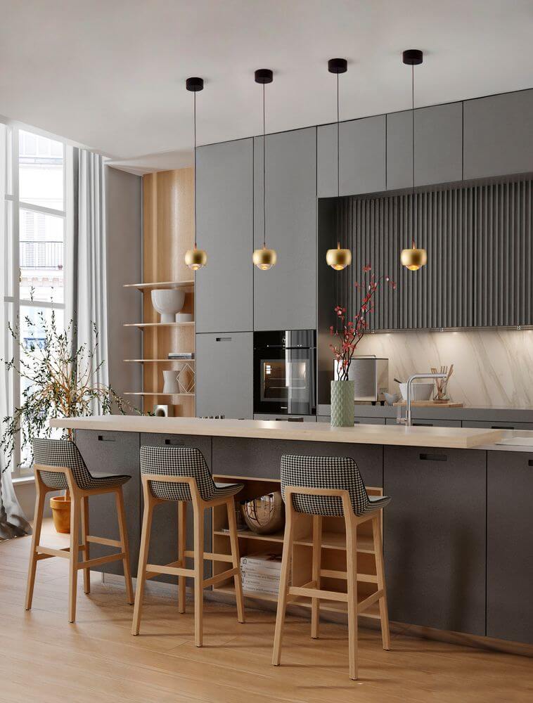Conga LED Pendelleuchte Ø 9,6cm 3000K in modernem Küchenambiente mit eleganten Akzenten.
