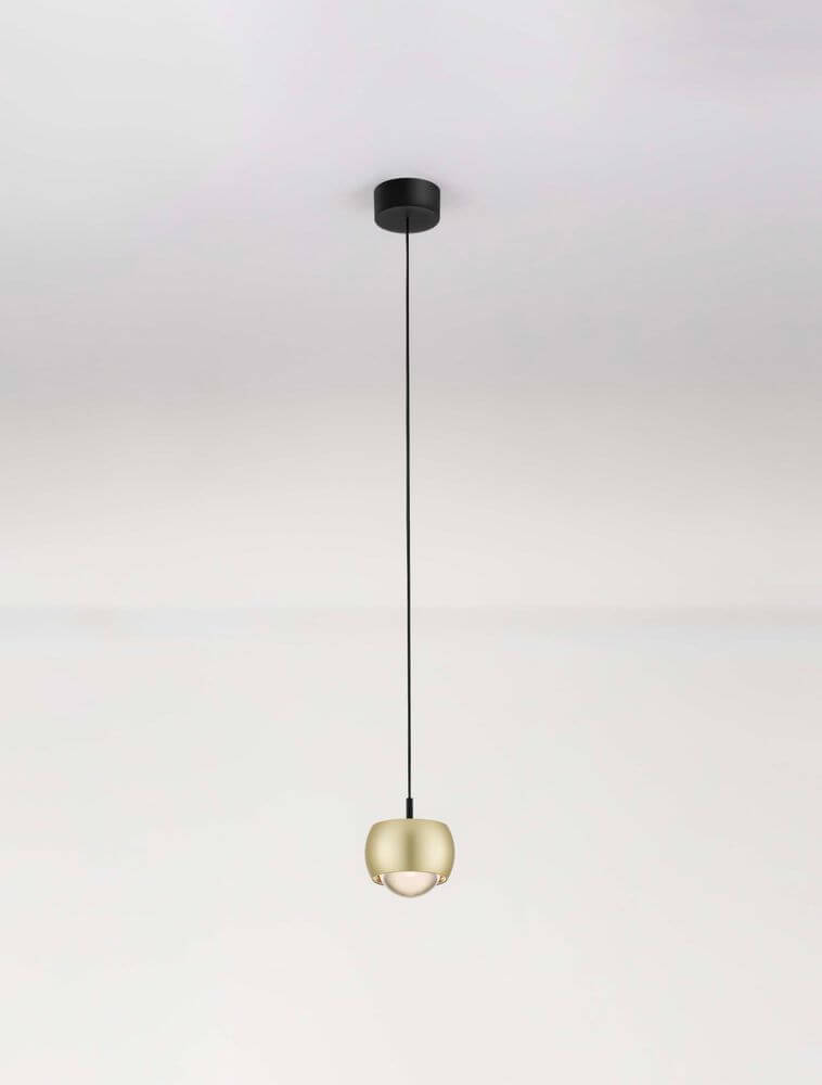 Conga LED Pendelleuchte Ø 9,6cm 3000K mit filigranem Aluminium und klarem Acryl in edlem Goldton.