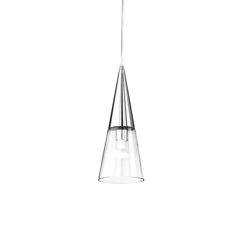 Cono Pendelleuchte als Trichter Chrom mit transparenter Glaskuppel und höhenverstellbarem Elektrokabel.