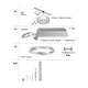 Produktillustration des CorDuo LED Seilsystem Circle Basis-Set Chrom mit Montageinformationen und Zubehör.