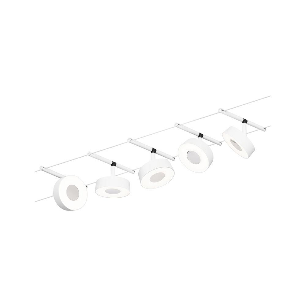 CorDuo LED Seilsystem Circle mit 5 matten weißen Spots zur flexiblen Wand- und Deckenmontage.