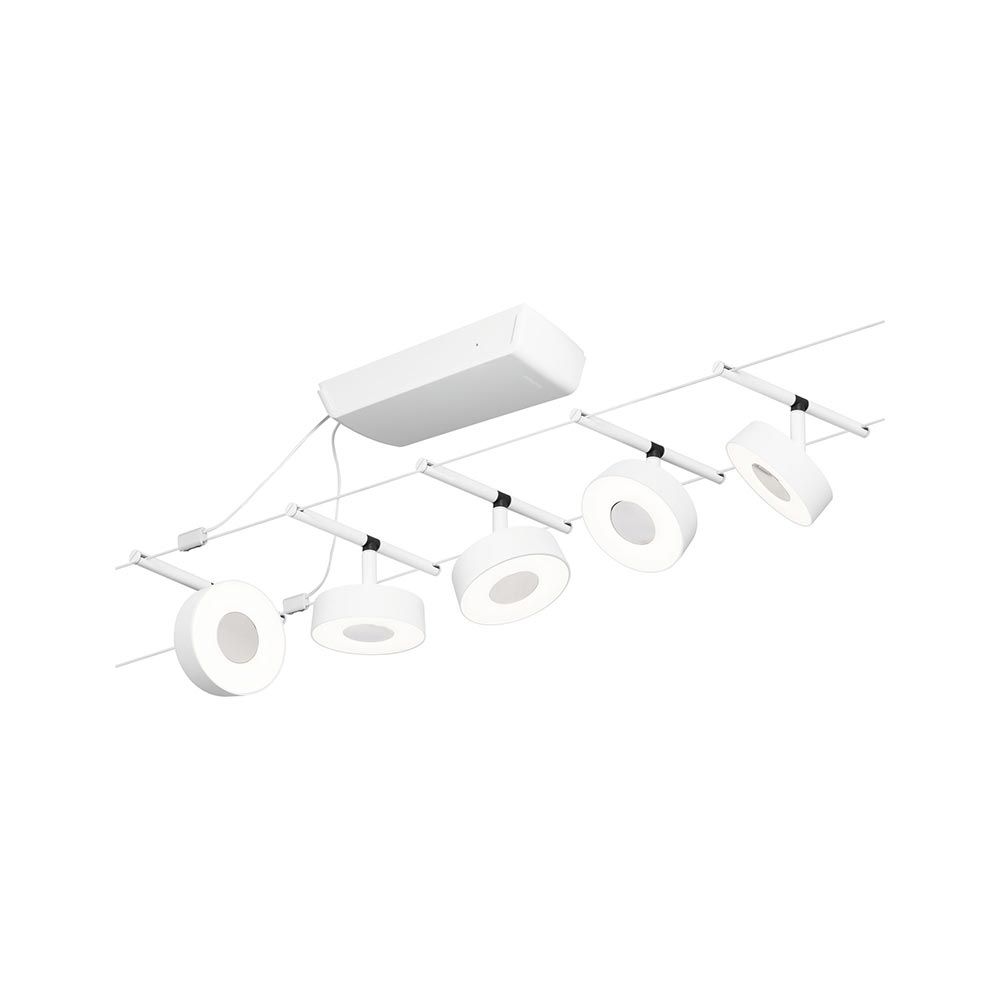 CorDuo LED Seilsystem Circle Basis-Set mit 5 LED-Spots in Weiß und Chrom für Wand- und Deckenmontage.