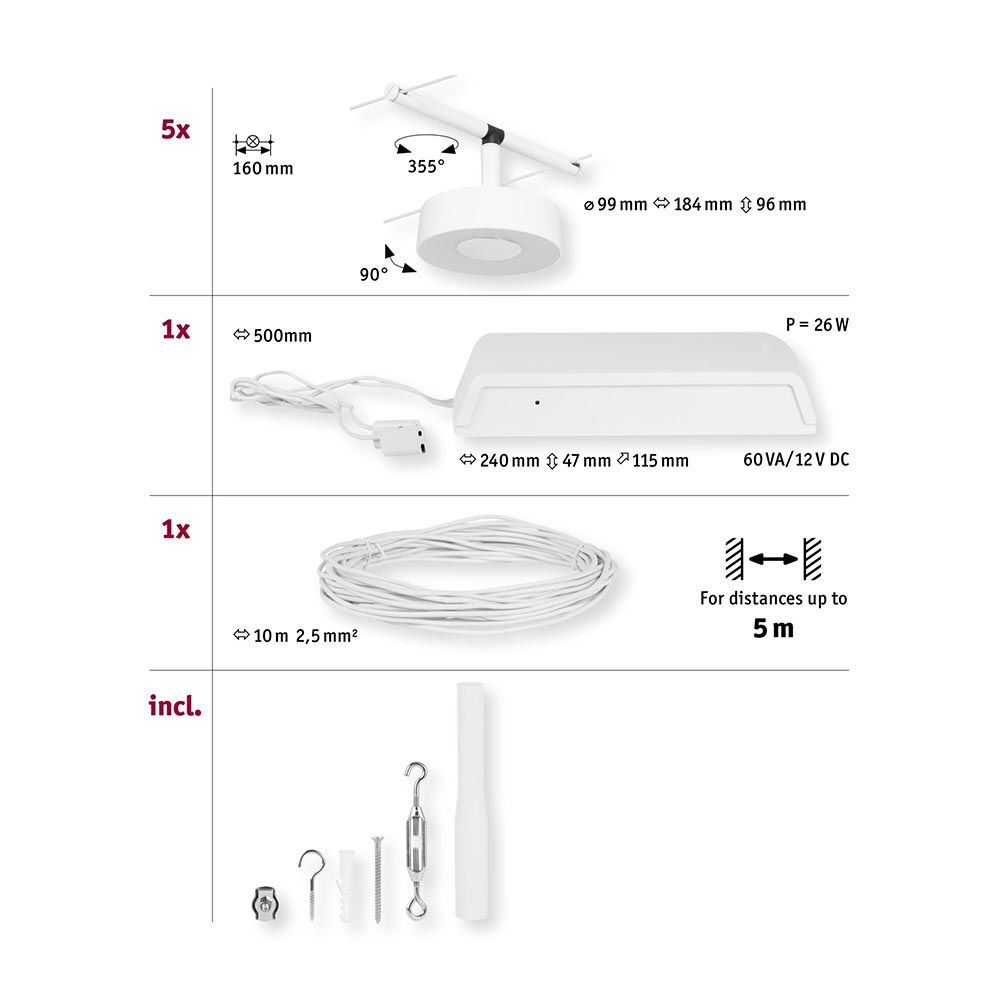 Technische Details des CorDuo LED Seilsystems Circle Basis-Set in Weiß und Chrom mit 5 LED-Spots und Zubehör.