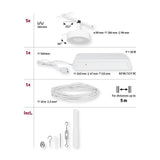 Technische Details des CorDuo LED Seilsystems Circle Basis-Set in Weiß und Chrom mit 5 LED-Spots und Zubehör.