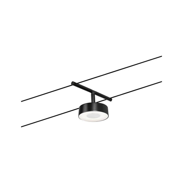 CorDuo LED cable system Circle single spotlight black matte, chrome mounted on a ceiling.