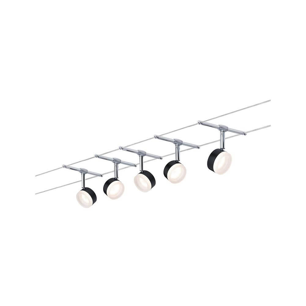 CorDuo LED Seilsystem Clear Basis-Set Schwarz, Chrom mit vier Spotlights an einem Seil.
