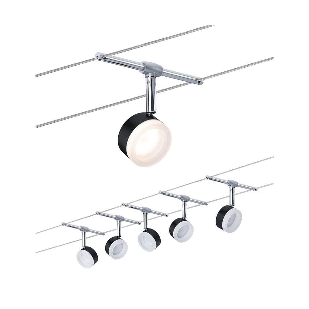CorDuo LED Seilsystem Clear Basis-Set Schwarz, Chrom mit fünf Spots zur flexiblen Wand- oder Deckenmontage.