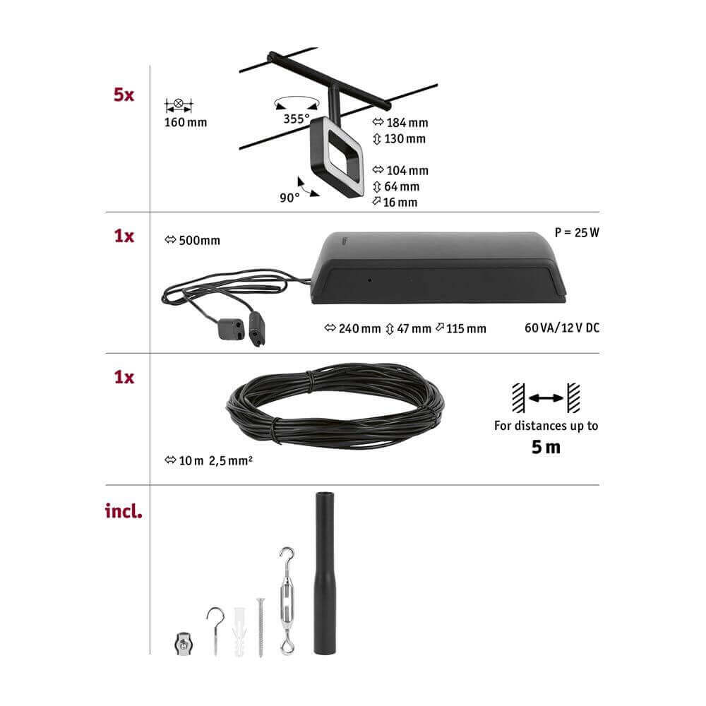 CorDuo LED Seilsystem Frame Basis-Set Schwarz-Matt, Chrom