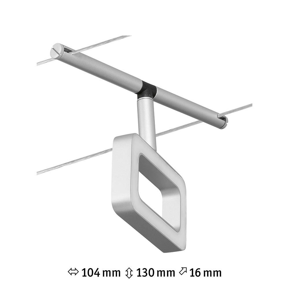 Einzelspot Frame in Chrom-Matt, ideal für Seilsysteme, flexibel montierbar an Wand oder Decke.