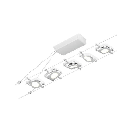 CorDuo LED système sur câbles Mac kit de base blanc, chrome avec 5 spots LED montés sur câble.