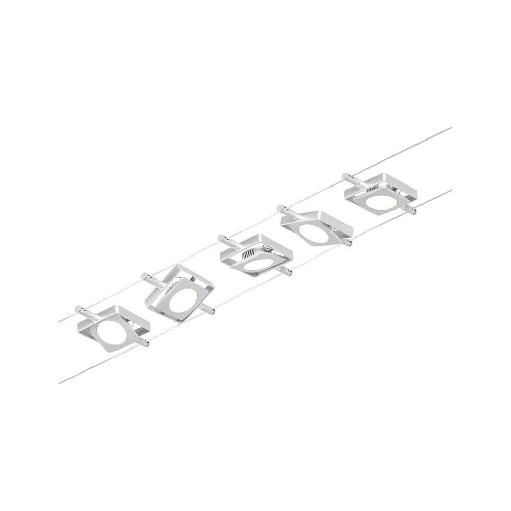 CorDuo LED Seilsystem Mac Basissett Chrom-Matt mit 5 LED-Spots an einem Seilsystem.