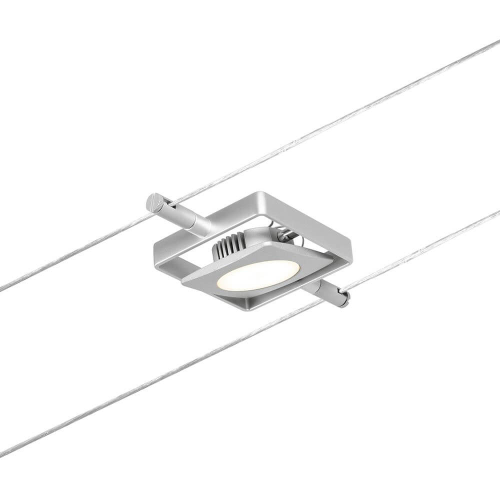 CorDuo LED Seilsystem Mac Basissett Chrom-Matt mit LED-Spot an Seilmontage.