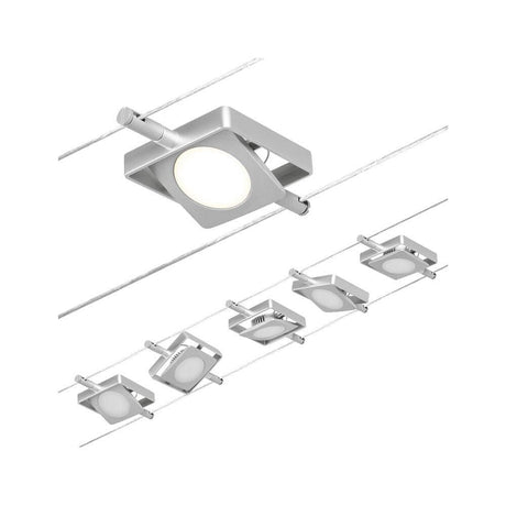 CorDuo LED cable system Mac base set in matt chrome with 5 LED spots, ideal for wall and ceiling mounting.