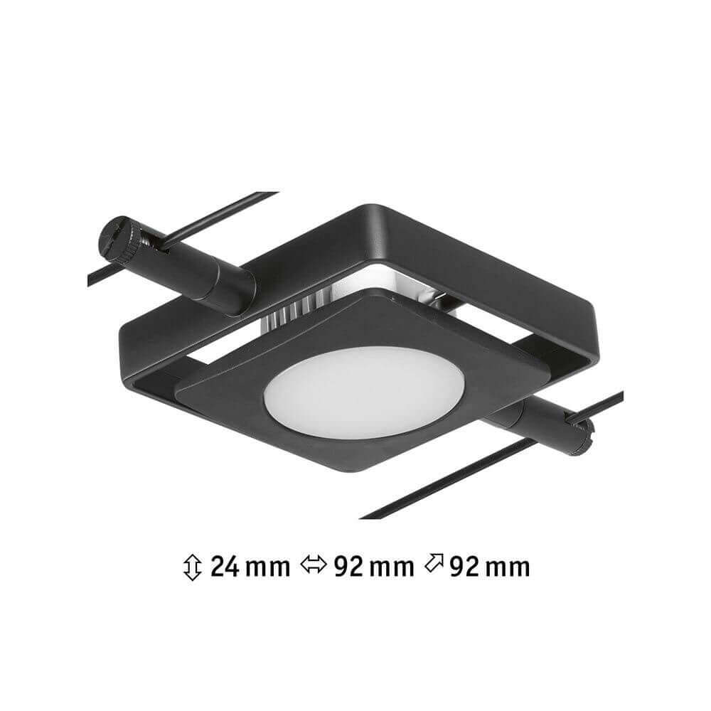 Schwarz-matt Mac Einzelspot für Seilsysteme, Maße 24mm x 92mm x 92mm, flexible Montage an Wand oder Decke.