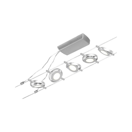 CorDuo LED Round Mac track system basic set in matte chrome with multiple spots and mounted accessories.