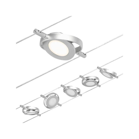 CorDuo LED Round Mac track system basic set in matte chrome with multiple spots on a track system.