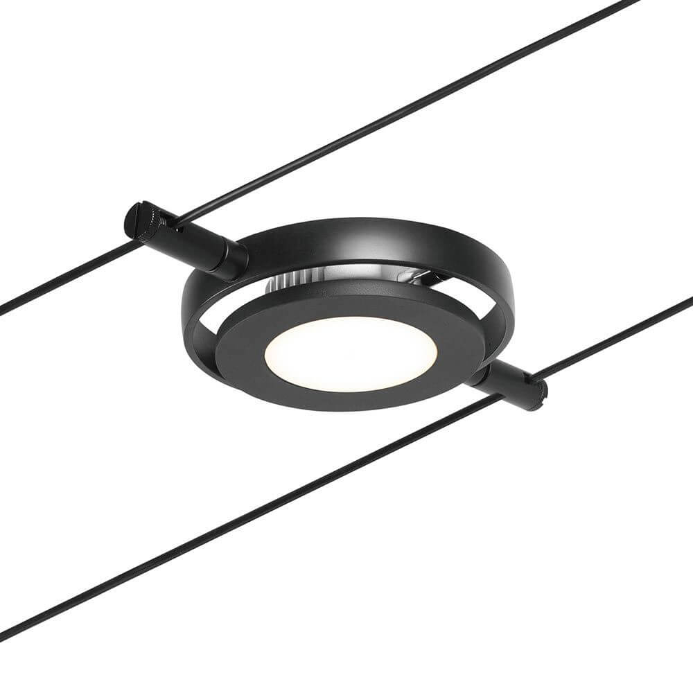 CorDuo LED Seilsystem Round Mac Basis-Set Schwarz, Chrom an einem Seil montiert.