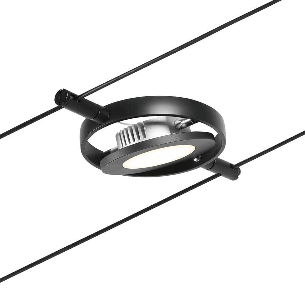CorDuo LED Seilsystem Round Mac Basis-Set Schwarz, Chrom an einem Kabel montiert.