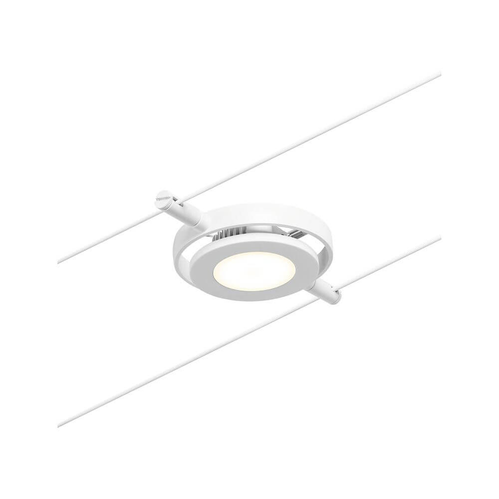 CorDuo LED Seilsystem Einzelspot Round Mac Weiß-Matt, Chrom an Seilsystem montiert.