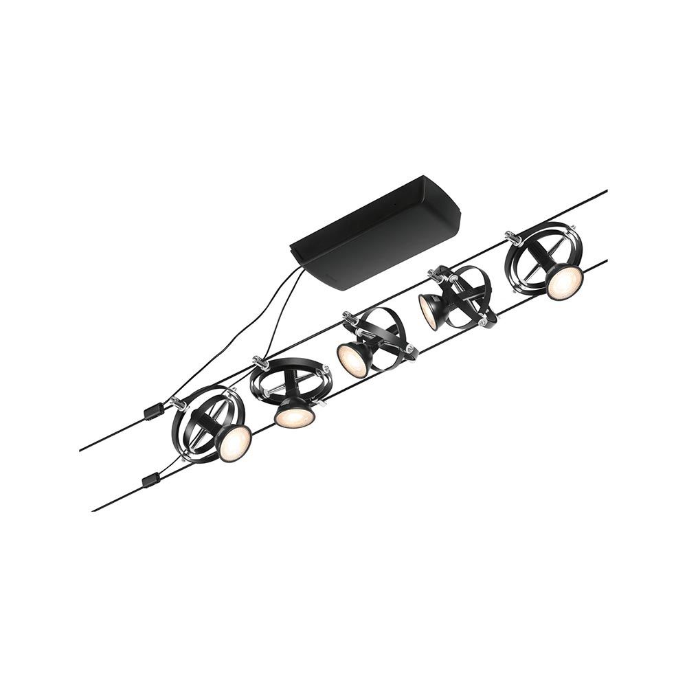 CorDuo Seilsystem Cardan Basis-Set in Schwarz-Matt mit Chrom-Details, vielseitig für Wand und Decke.